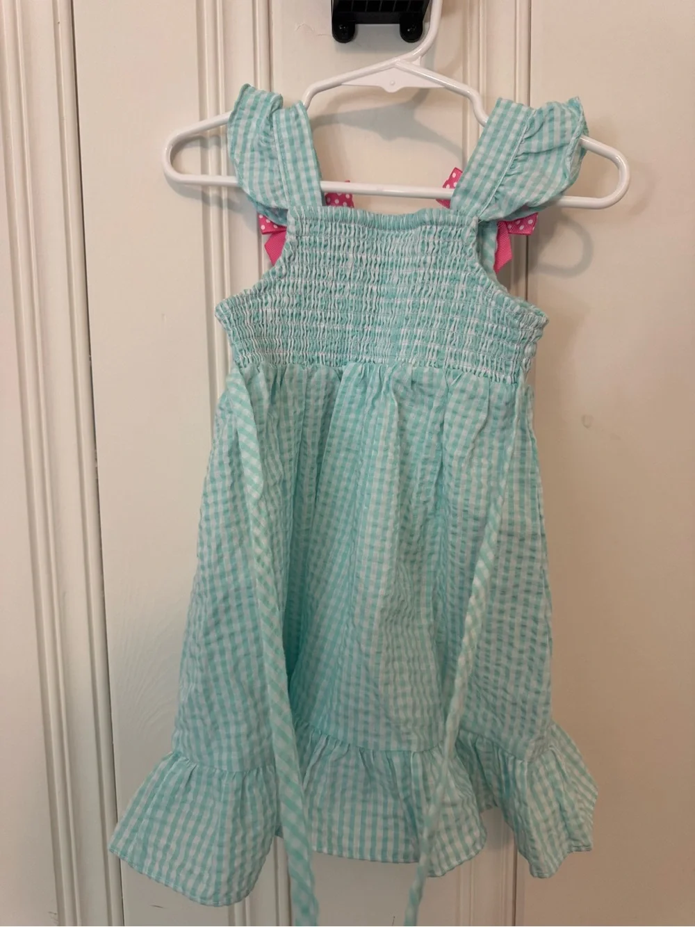 Aqua Gingham Smocked Sundress with Pink Bow Accents - Kids